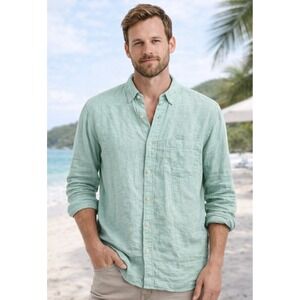Orvis Mens 100% Linen Long Sleeve Button Down Shirt Mint Green Size Medium